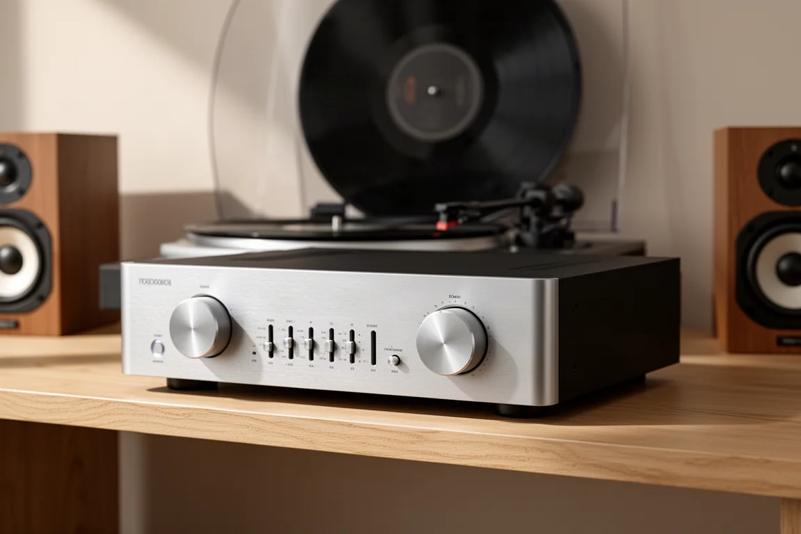 Silver and black integrated stereo amplifier on an oak shelf with a turntable and speakers behind
