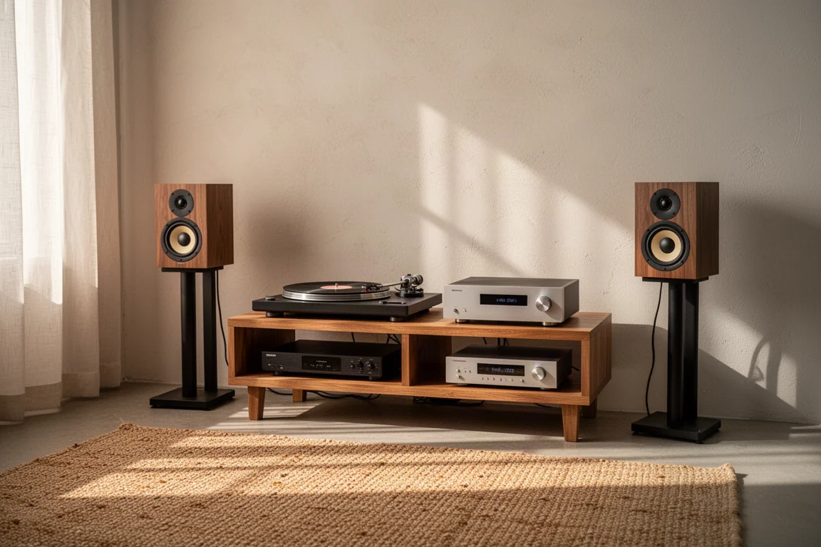Kącik hi-fi w salonie z gramofonem, wzmacniaczem i kolumnami podstawkowymi w ciepłym świetle