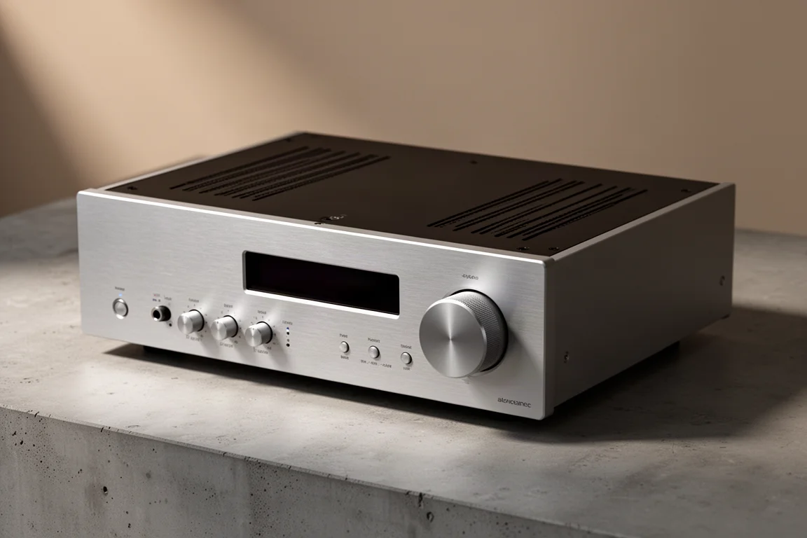 Silver two-channel integrated amplifier with large volume dial on a matte concrete surface