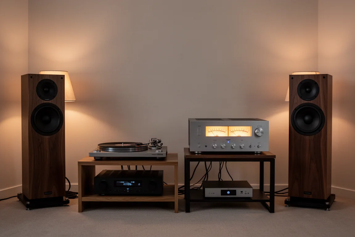 Tocadiscos, amplificador con vúmetros iluminados y altavoces de suelo en una sala de escucha tranquila