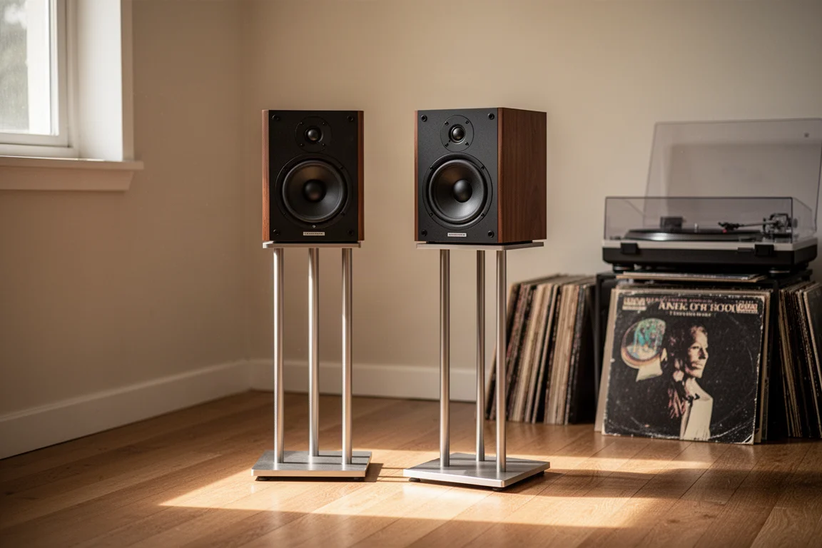 Altavoces de estantería compactos sobre soportes con discos de vinilo cerca en una habitación pequeña