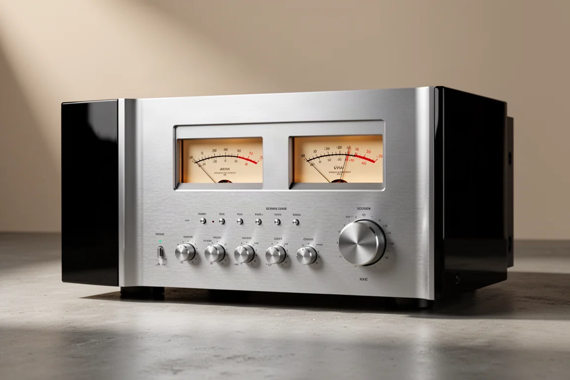 Large silver integrated amplifier with analogue VU meters on a matte concrete surface
