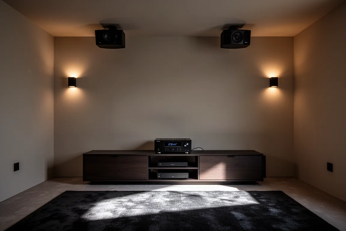 Home theaterruimte met overhead Atmos-speakers en een AV-receiver op een mediaset