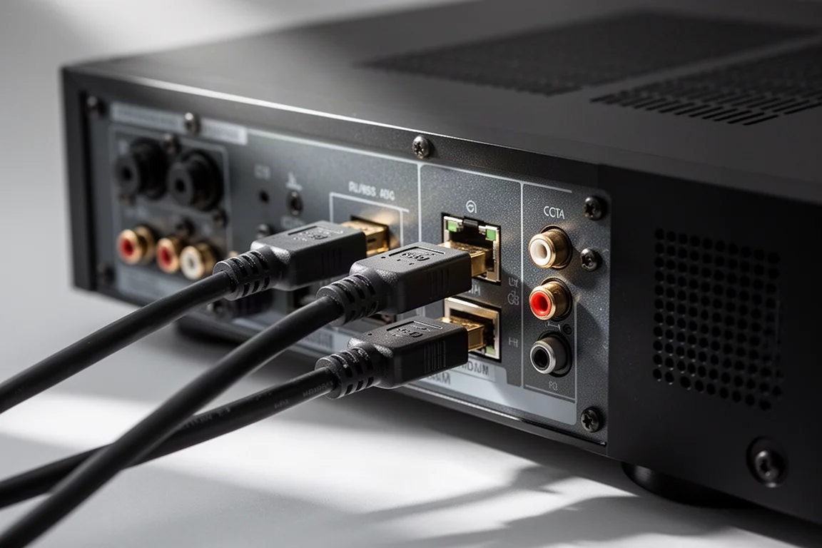 Close-up van HDMI-kabels aangesloten op het achterpaneel van een zwarte AV-receiver