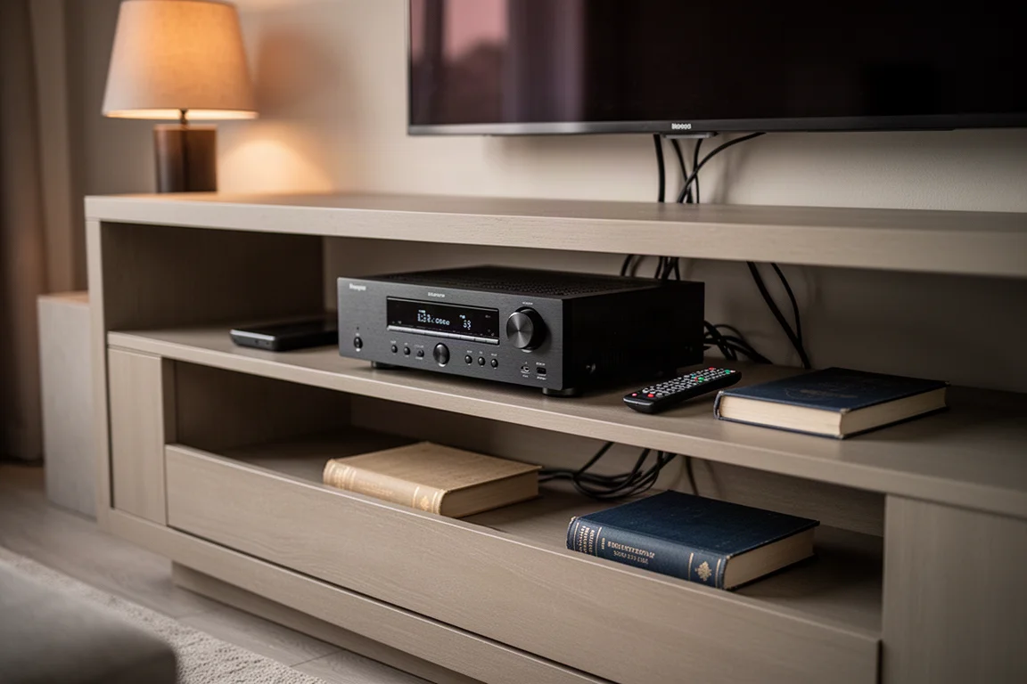 Mediaset in de woonkamer met een AV-receiver en een slanke afstandsbediening
