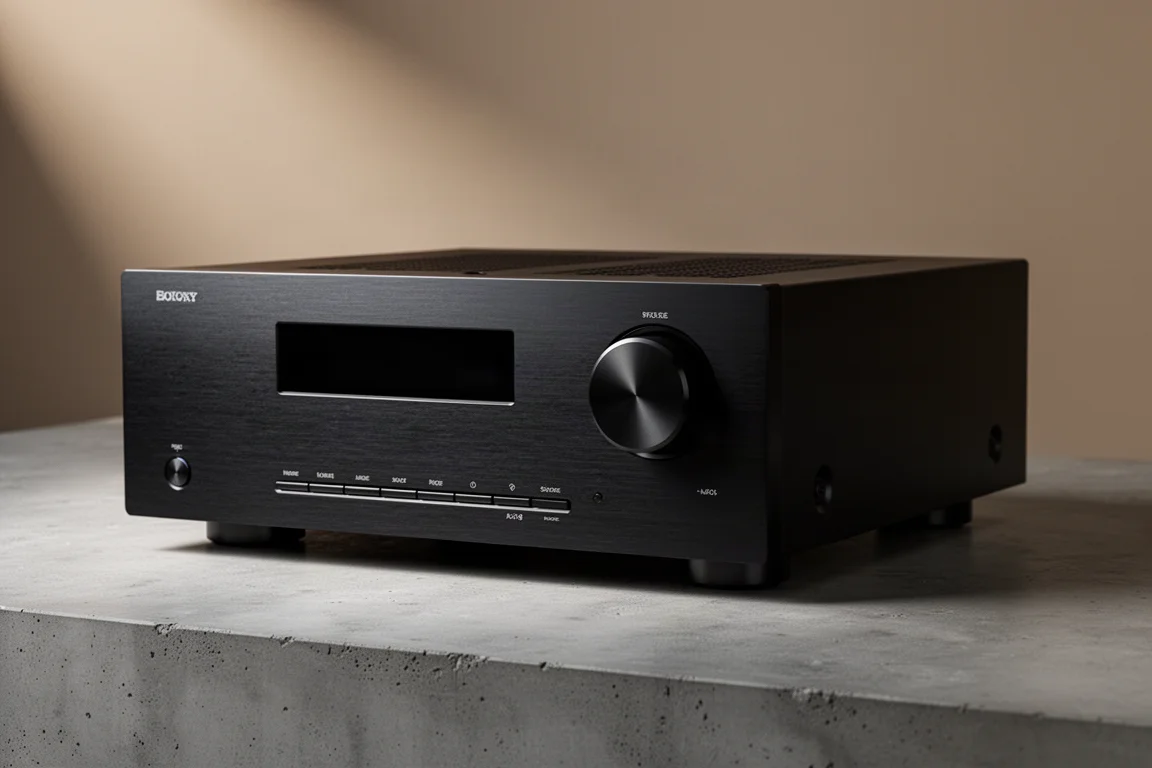 Black Yamaha Aventage A4A AV receiver photographed at a three-quarter angle on concrete