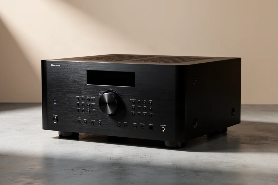 Black AV receiver with brushed front panel and central volume dial on a concrete surface