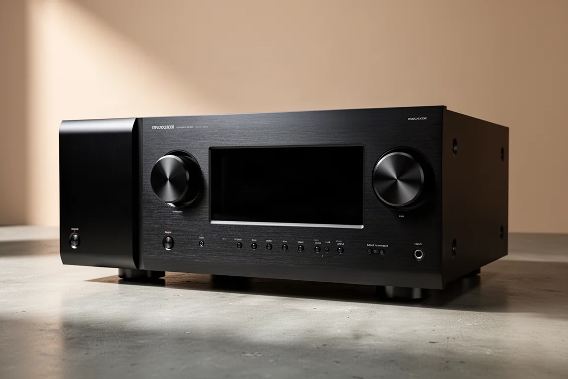Black flagship AV receiver with brushed aluminium front panel on a concrete surface