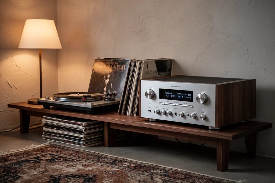 Chaîne hi-fi deux canaux dans un salon avec une platine vinyle et des disques