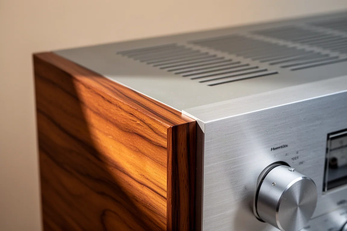 Détail d'un angle de coffret en placage bois à côté d'un évent supérieur en aluminium brossé