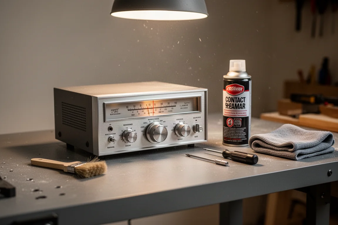 Ampli-tuner vintage sur un établi avec des outils pour le nettoyage et l'inspection
