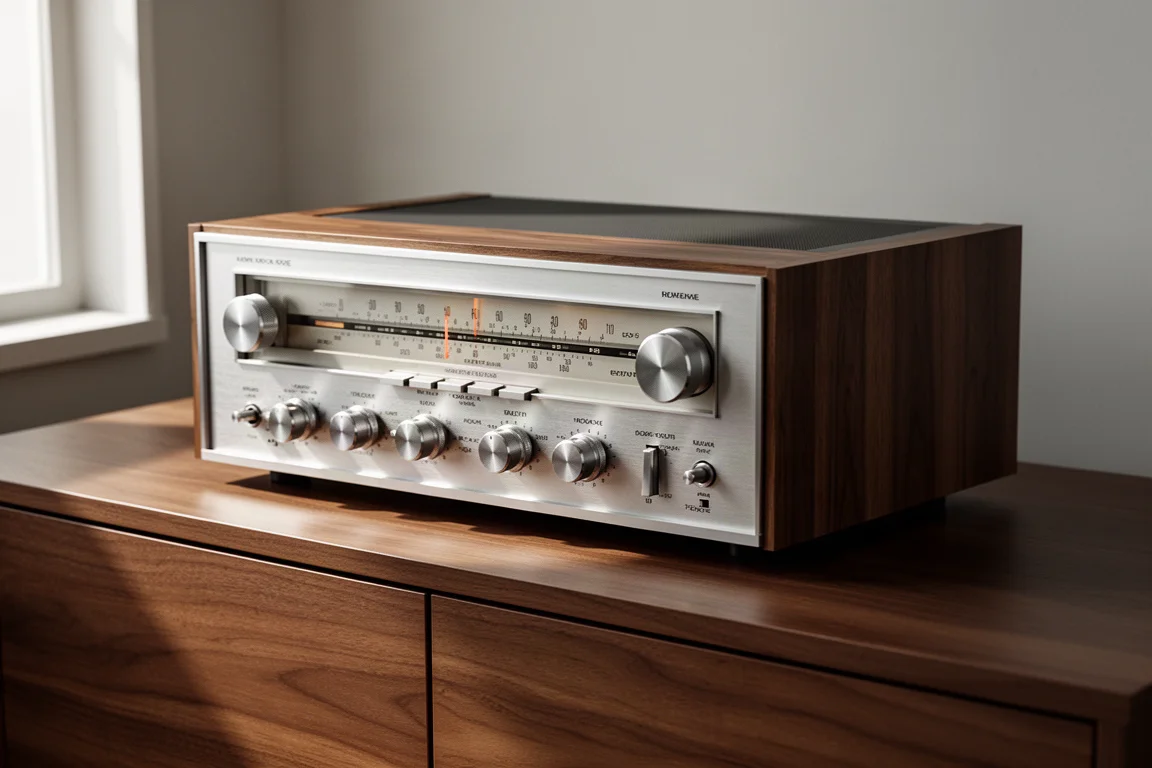 Vintage silver-face stereo receiver with wood-veneer cabinet on a walnut sideboard