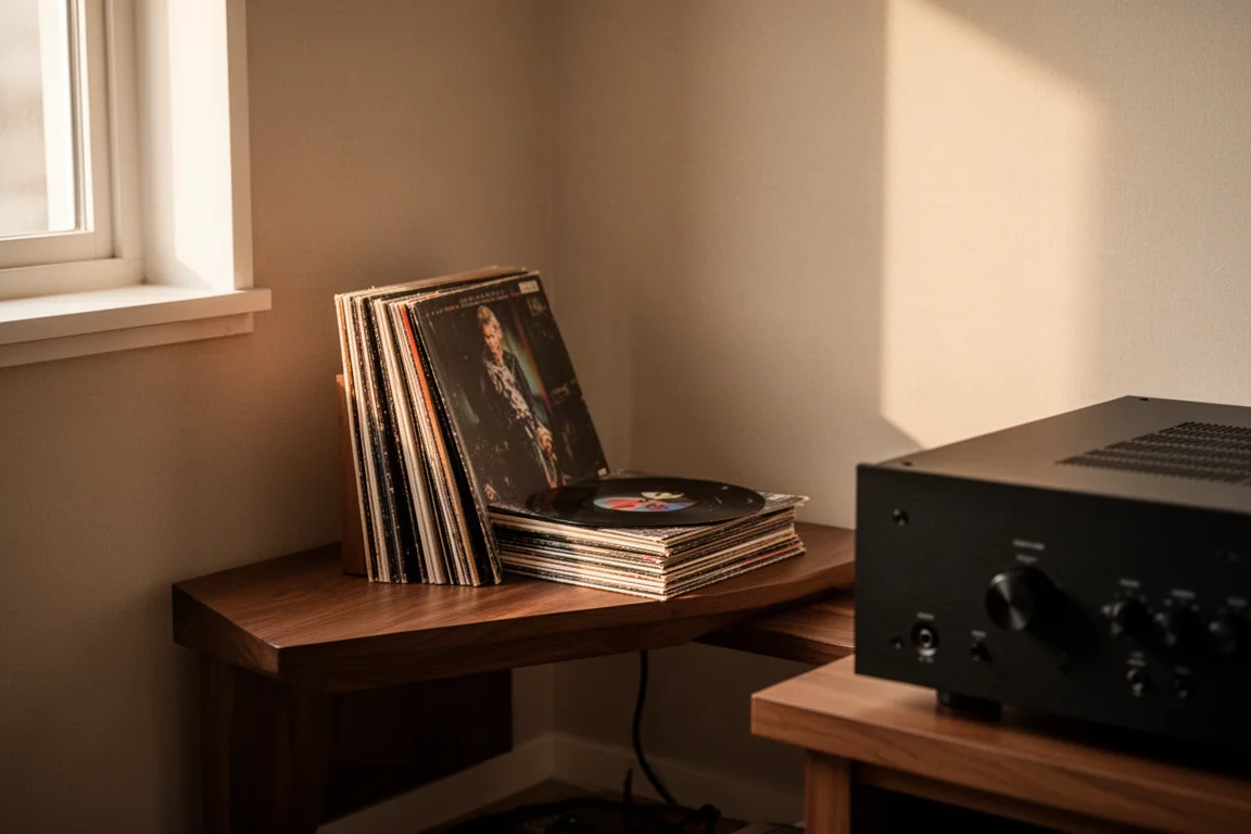 Hörraum-Ecke mit Vinylplatten, einem niedrigen Regal und warmem Nachmittagslicht