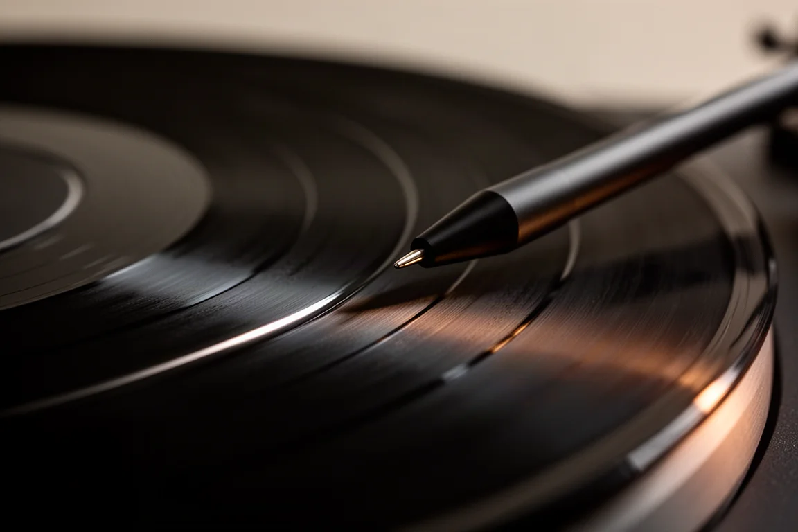 Makroaufnahme einer Nadel, die in der Rille einer sich drehenden Vinylplatte läuft