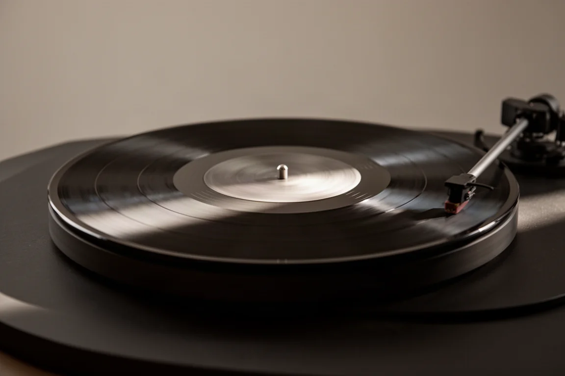 Vinylplatte dreht sich auf einem Teller, Licht fällt auf die Rillenoberfläche