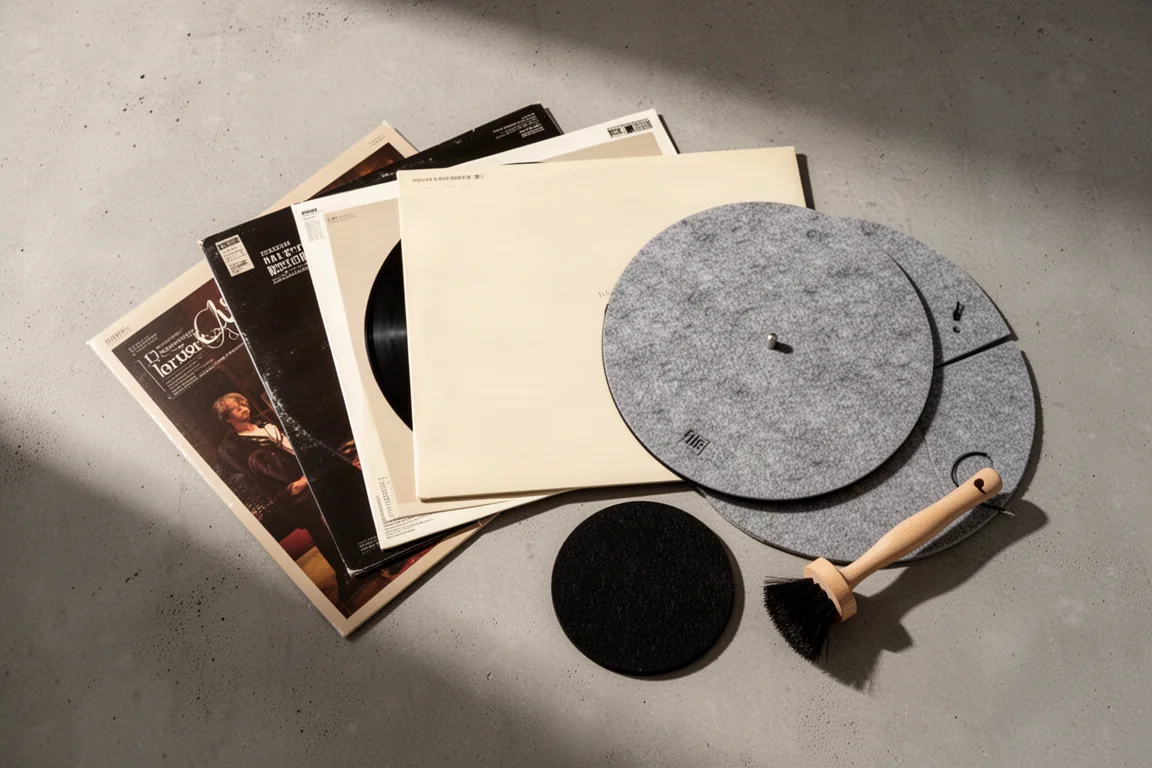 Draufsicht auf flach ausgelegte Vinylplatten neben einer Plattenspieler-Slipmatte