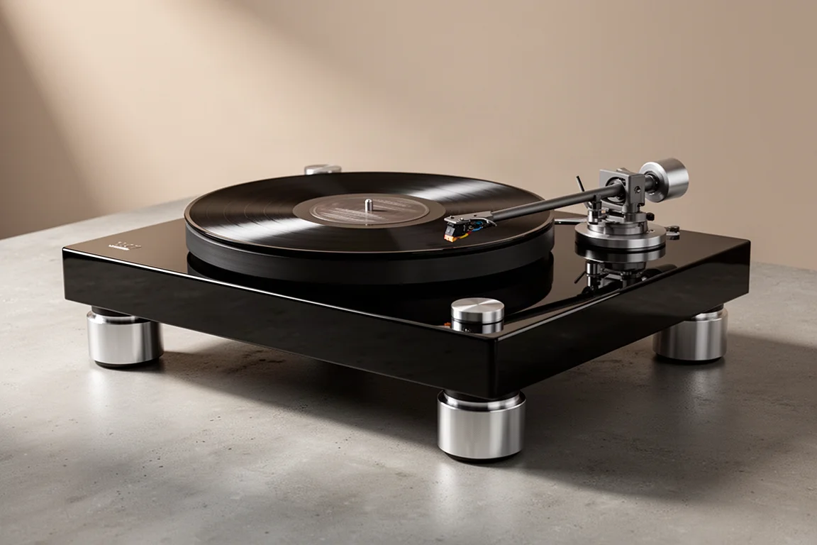 Large black lacquer belt-drive turntable with straight tonearm on a matte concrete surface