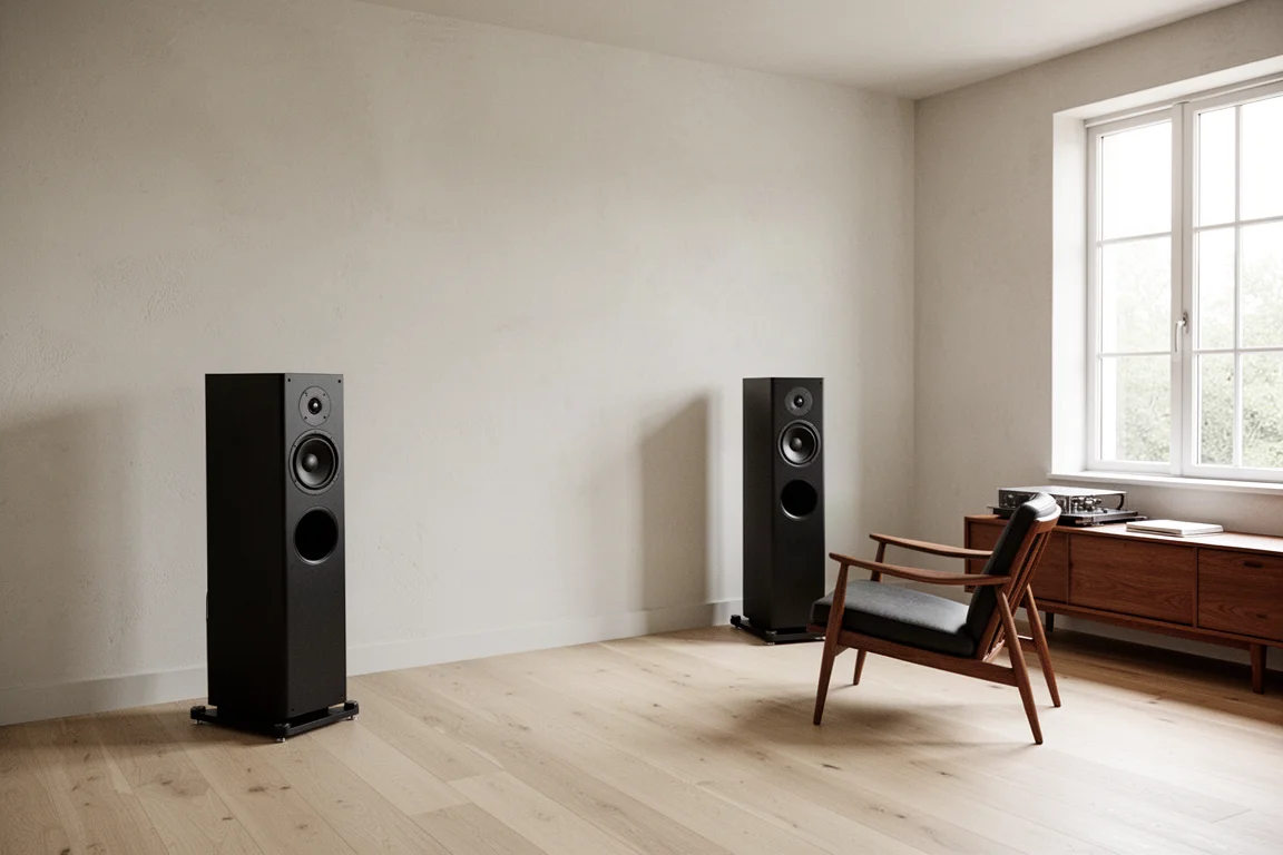 Minimalistischer Hörraum mit zwei Tower-Lautsprechern mit Abstand zu einer schlichten Wand