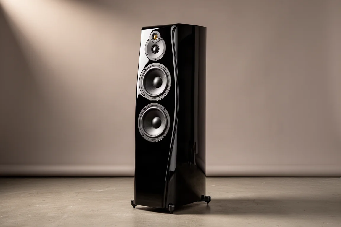 High gloss black three-way floorstanding tower speaker with drivers exposed on a neutral backdrop