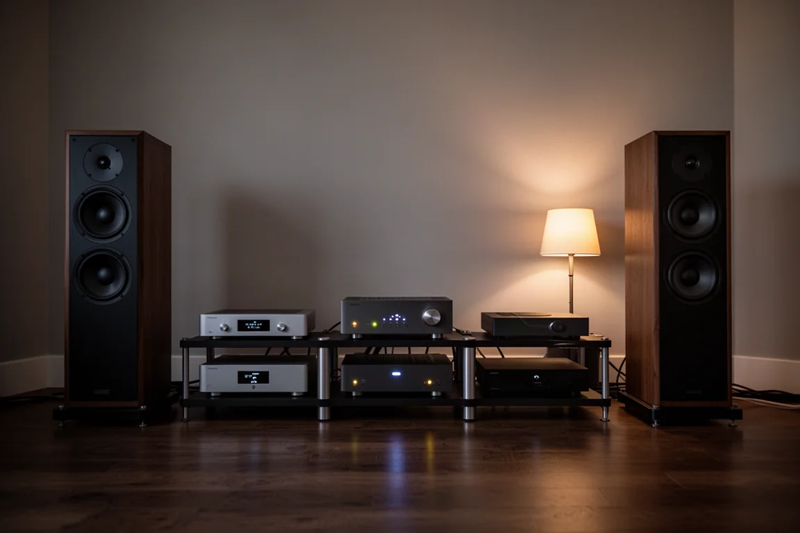 Sala d'ascolto serale con diffusori ai lati di un rack e un amplificatore acceso