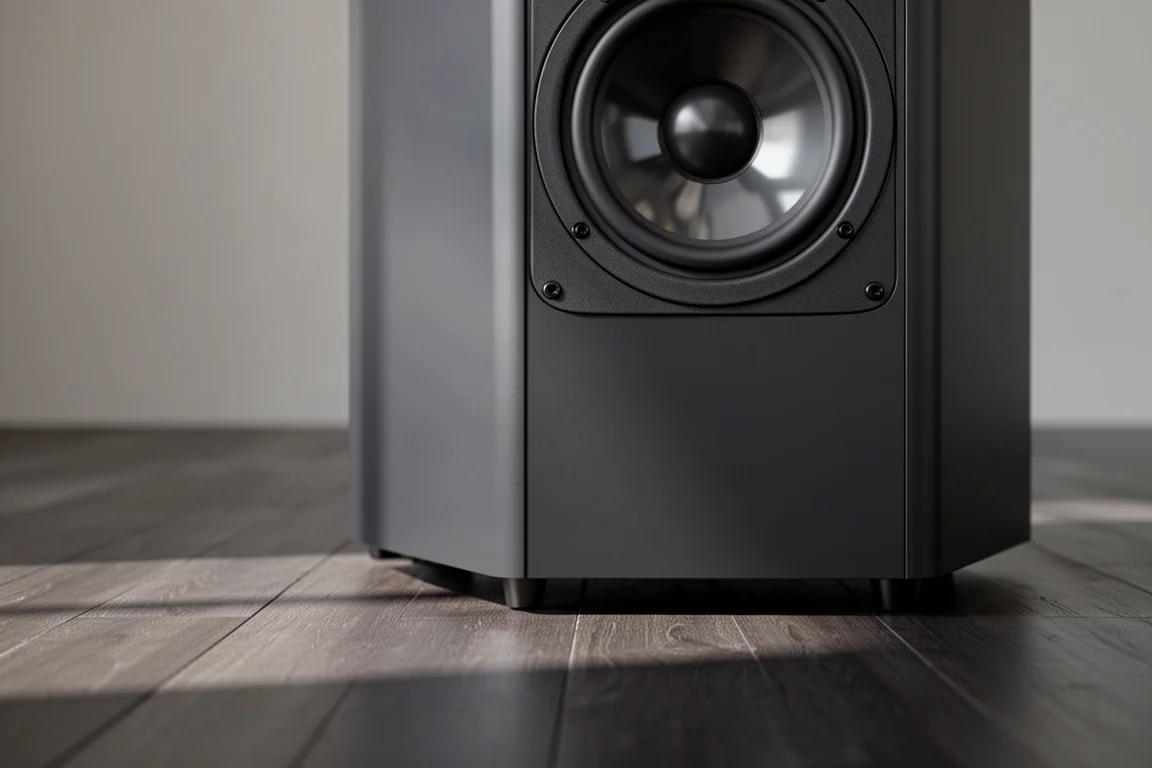 Dettaglio dal basso di un cabinet opaco scuro e di un woofer su pavimento in legno