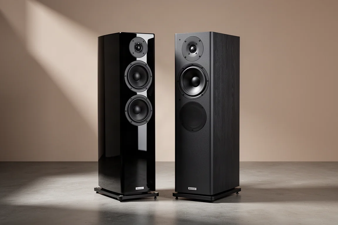 Two floorstanding tower speakers side by side in a softly lit listening room