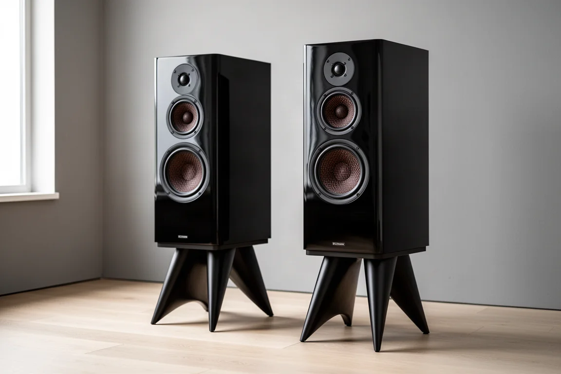 Pair of gloss black stand-mounted loudspeakers on angled stands in a minimal listening room