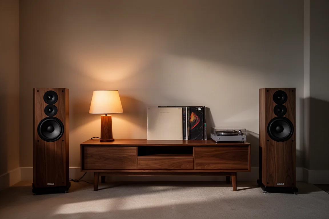 Schemerige luisterkamer met twee hifi-luidsprekers naast een laag houten meubel