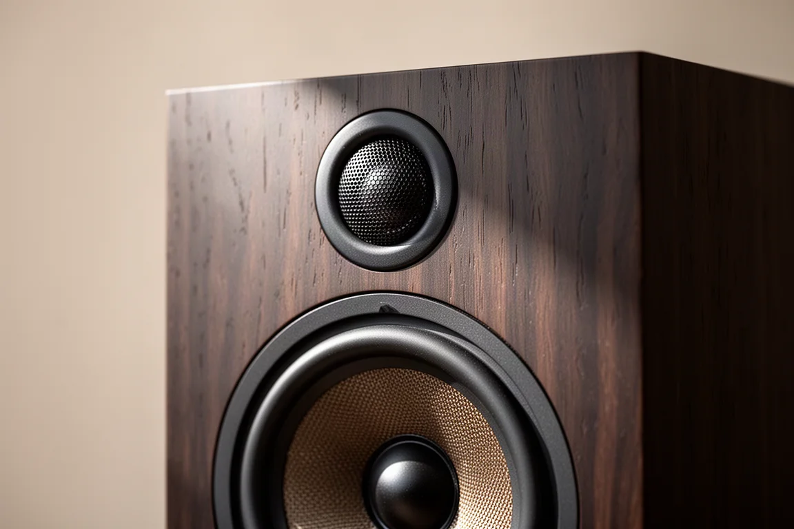 Close-up van een kleine domed tweeter en woofer in een baffle met donker houtfineer