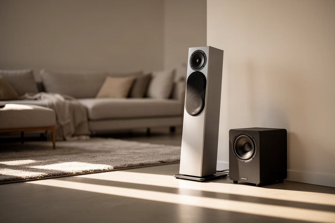 Hoek van de woonkamer met een zuilluidspreker en een subwoofer in het licht van het raam