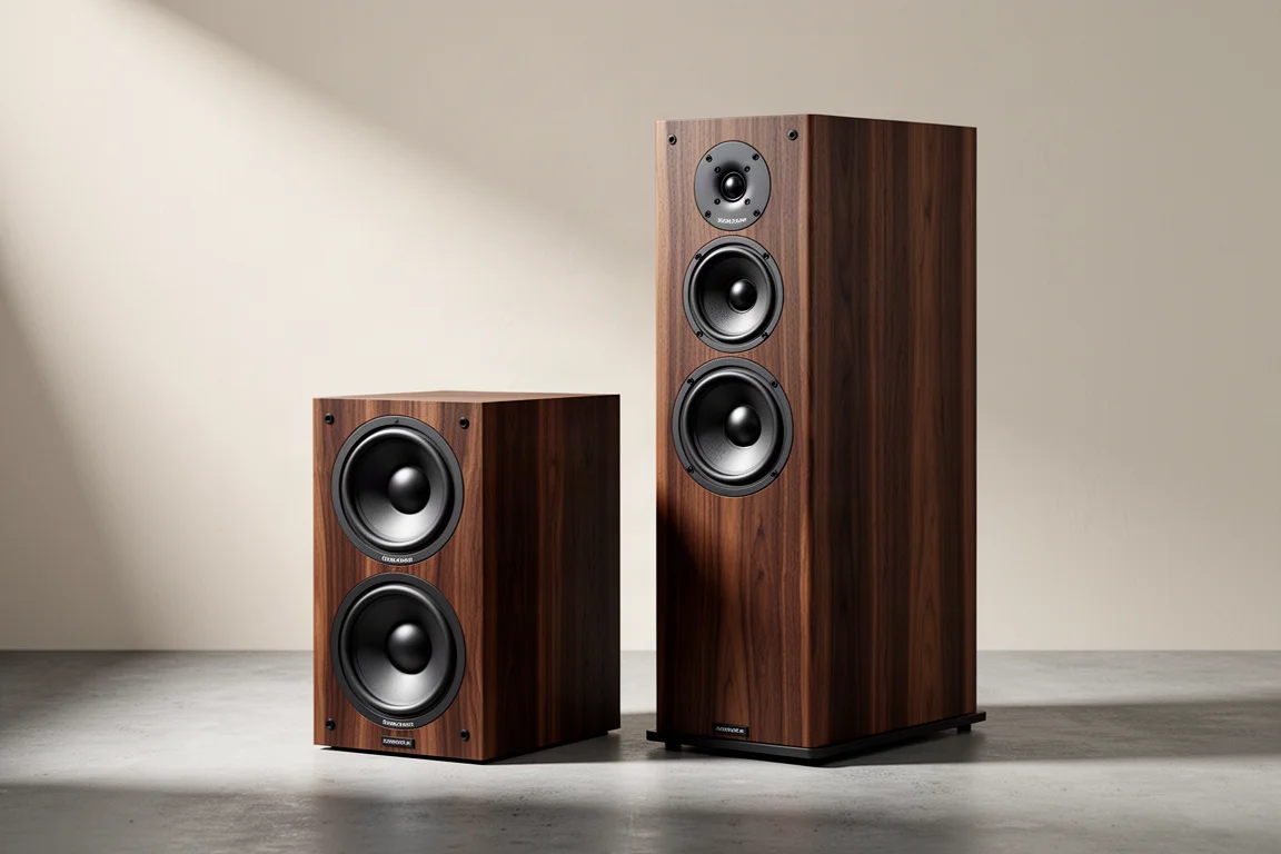 Yamaha NS-800A bookshelf speaker and NS-2000A tower speaker side by side on concrete
