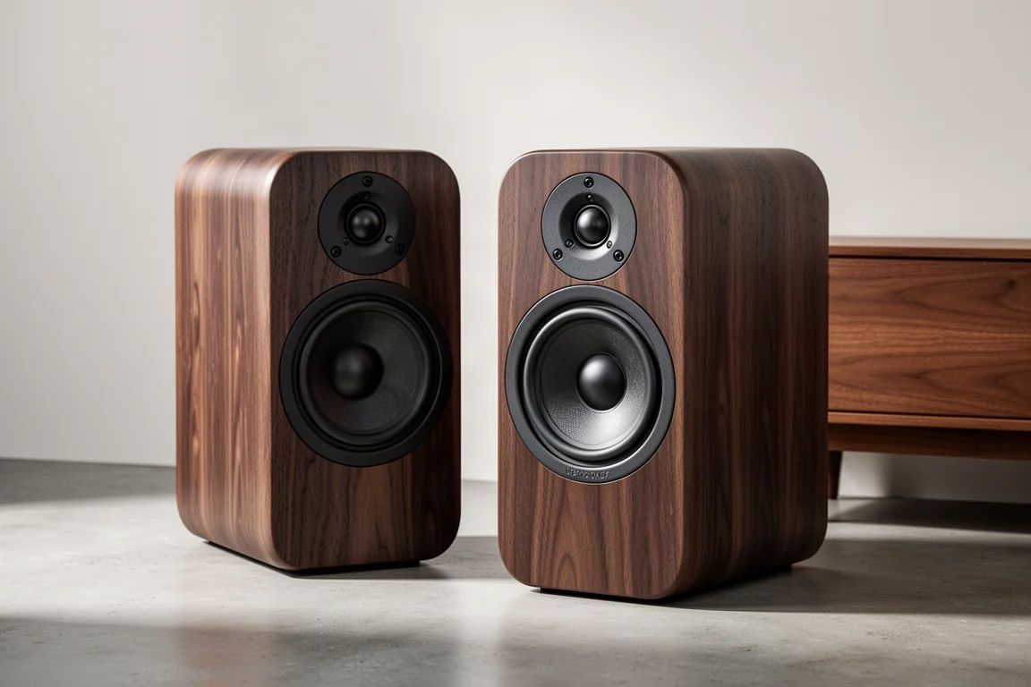 Pair of Yamaha NS-8800A bookshelf speakers in dark wood veneer on a concrete surface