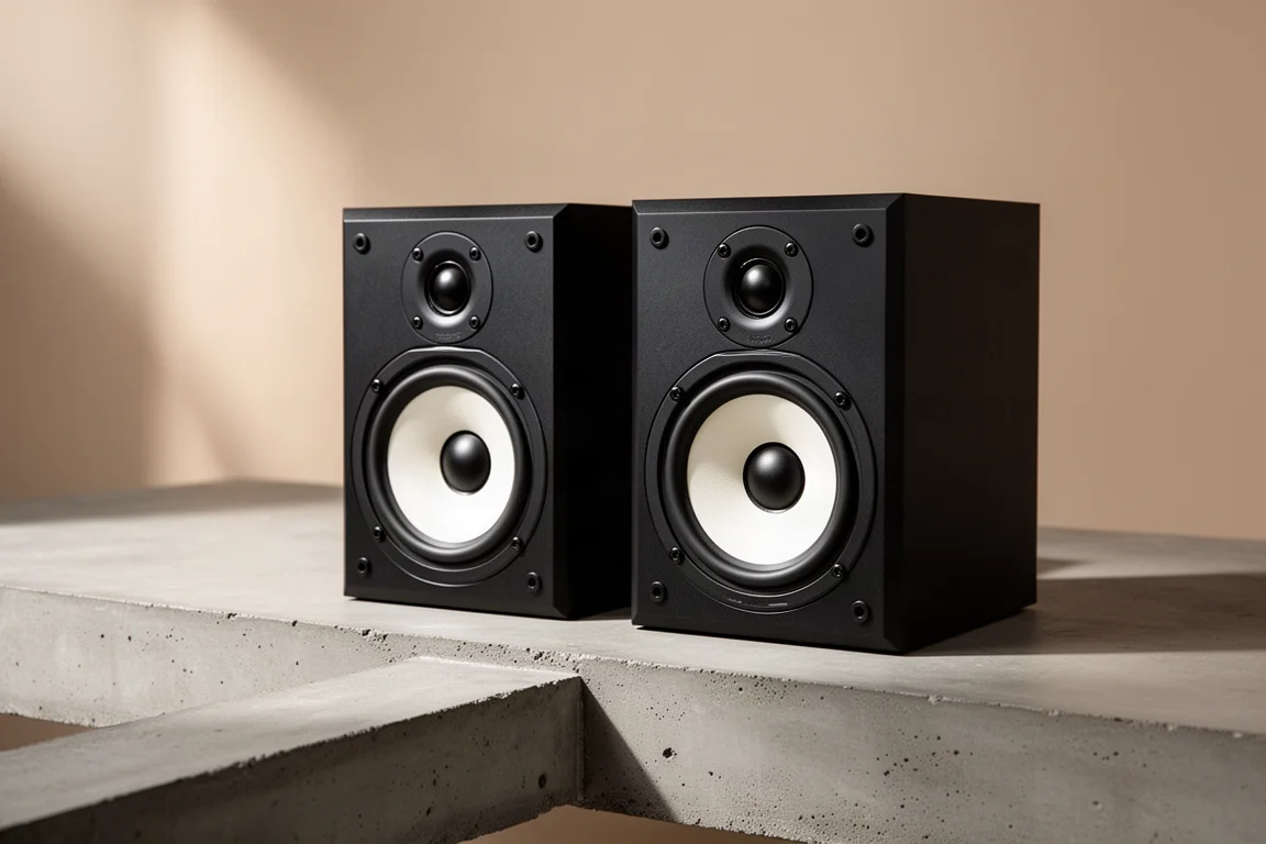 Pair of compact black vintage studio monitor speakers with white woofer cones laid horizontally