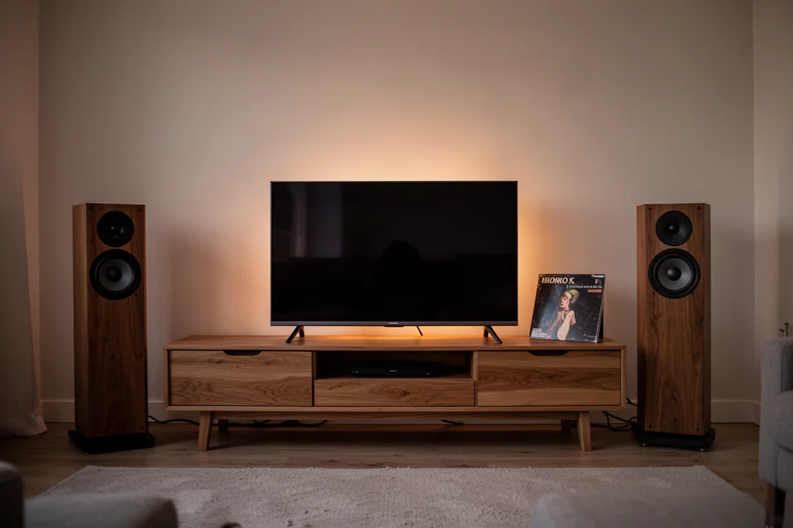 Wohnzimmer in der Dämmerung mit Fernseher und zwei Standlautsprechern