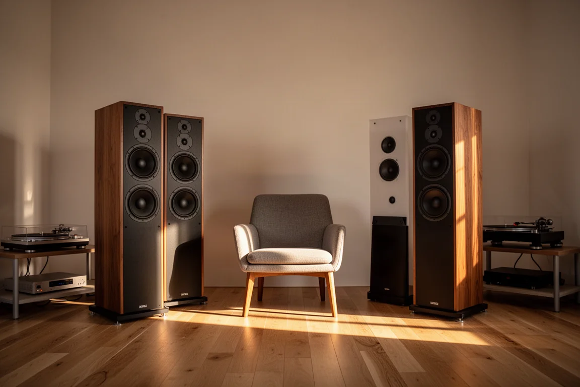 Nahaufnahme von Kühlrippen und Transformator im Inneren eines Hi-Fi-Gehäuses