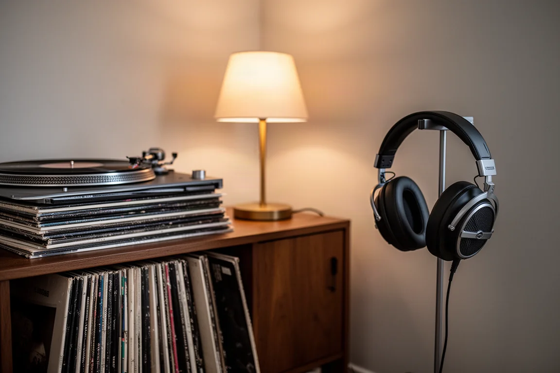 Hörraum-Ecke mit Hi-Fi-Rack, Plattenspieler und Regallautsprechern