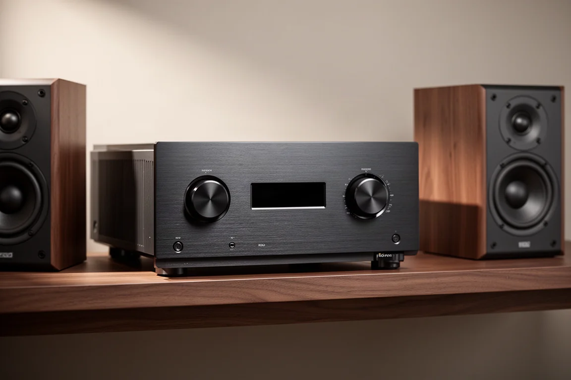 Brushed silver two-channel stereo receiver shown at a three-quarter angle on concrete