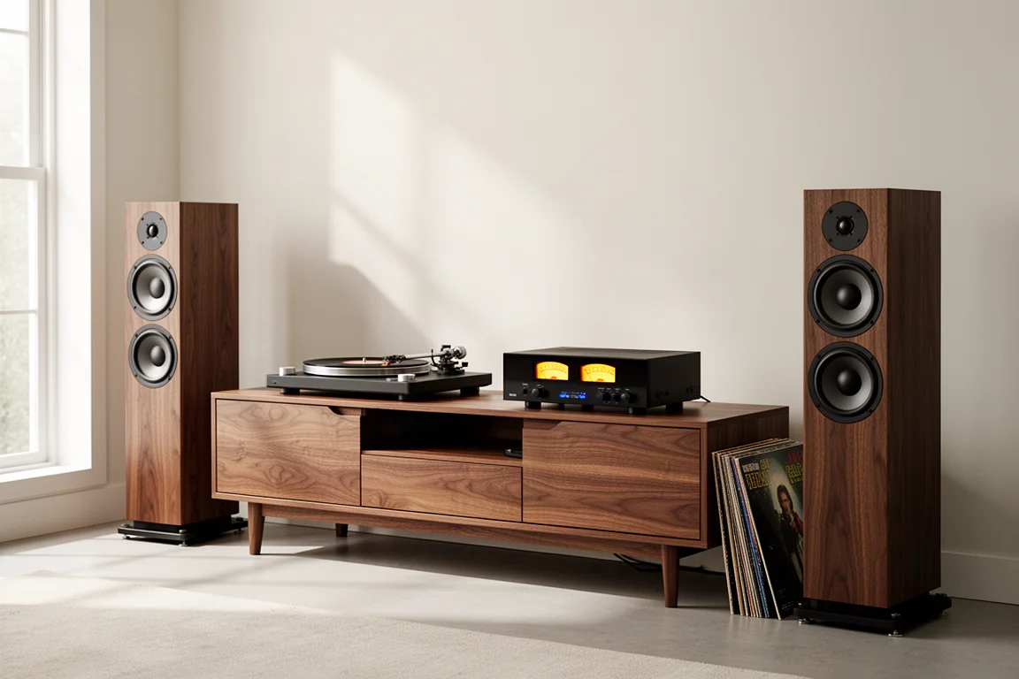 Sala de escucha por la tarde con altavoces de suelo y discos de vinilo junto a un mueble bajo para medios