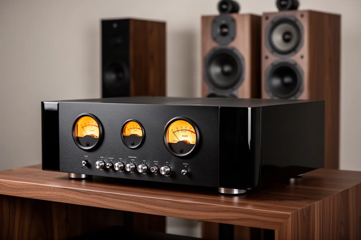 Silver two-channel stereo receiver with analog level meters on a concrete surface