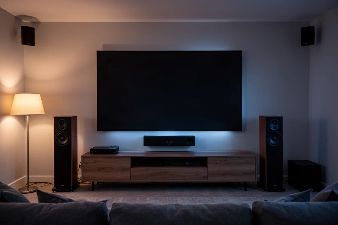 Salon transformé en home cinéma à la pénombre, enceintes colonnes et écran lumineux au crépuscule