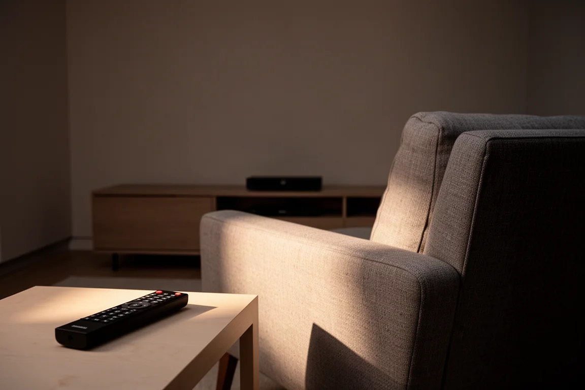 Télécommande posée sur une table d'appoint en bois dans une pièce d'écoute à l'éclairage doux