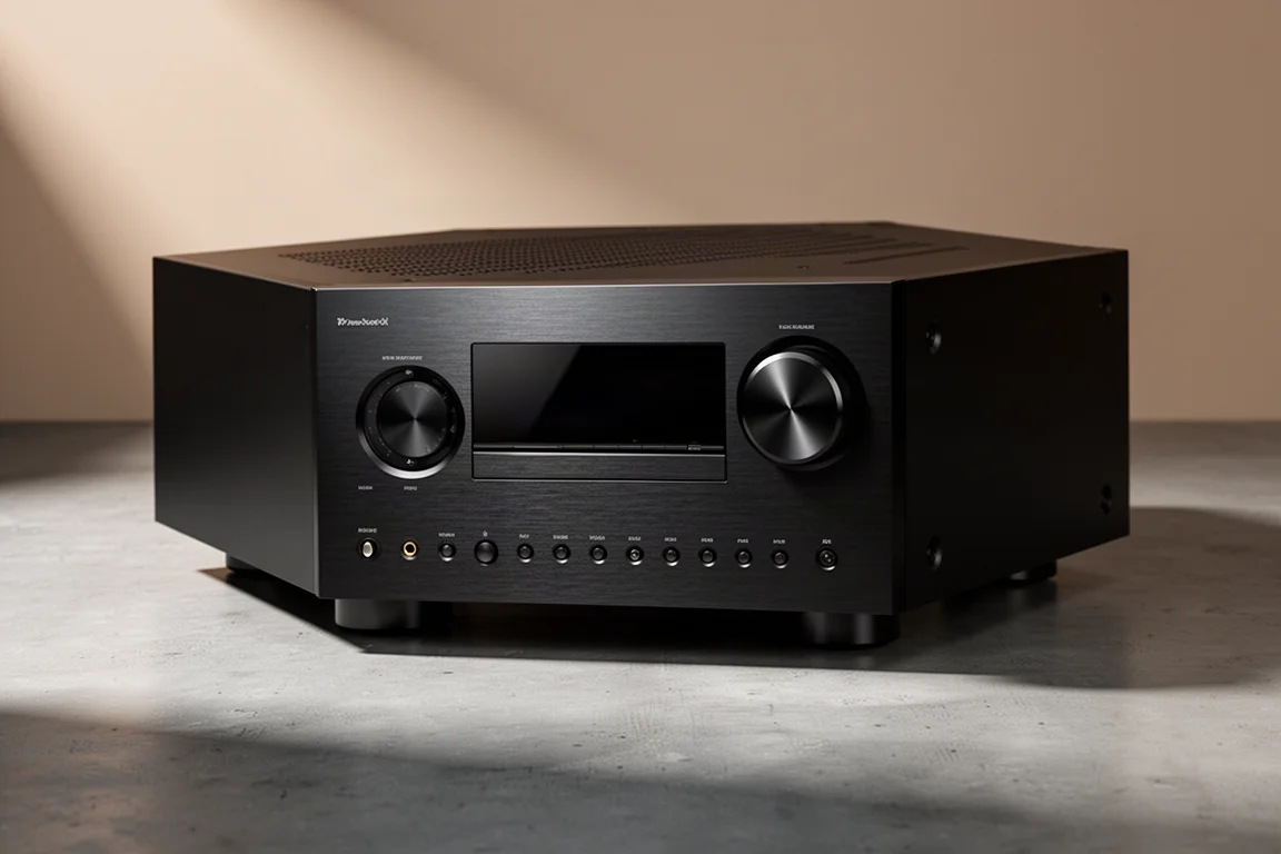 Black home theater AV receiver with brushed front panel on a concrete surface