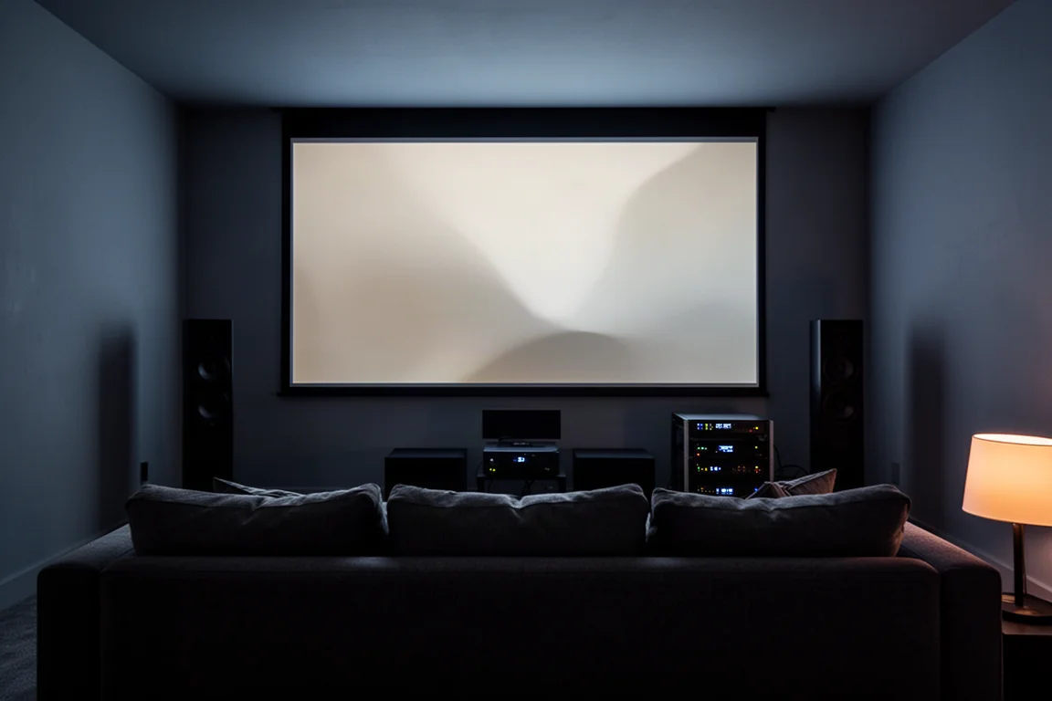 Stanza home theater buia con schermo luminoso e diffusori