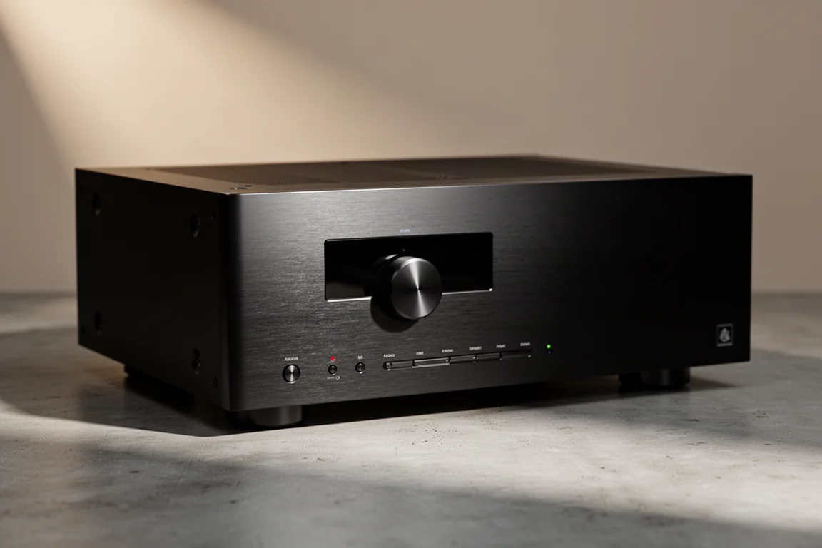 Black AV receiver with brushed aluminium front panel on a matte concrete surface