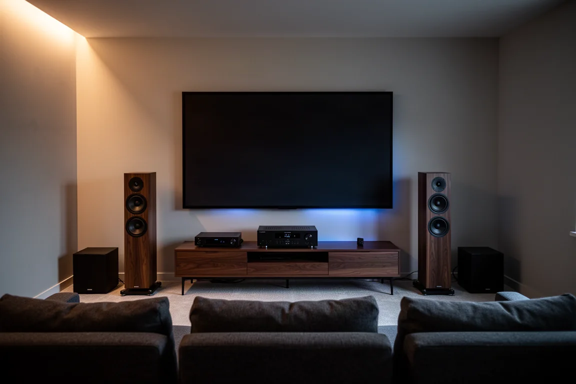 Salle de home-cinéma sombre avec un ampli, des enceintes colonnes et un caisson de basses en faible luminosité