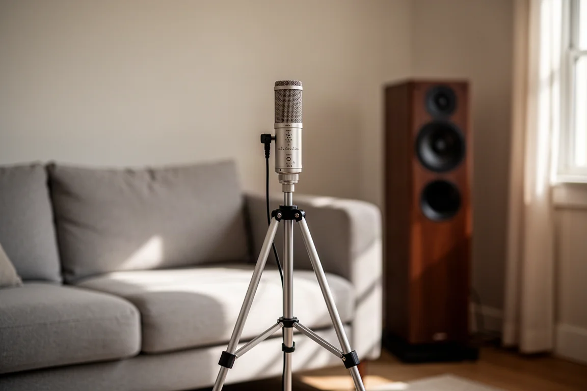Gros plan sur un microphone de mesure sur pied dans un salon, à hauteur d'oreille