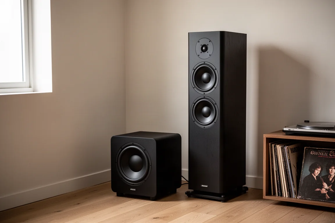 Caisson de basses et enceinte colonne positionnés ensemble dans un coin de pièce d'écoute minimaliste