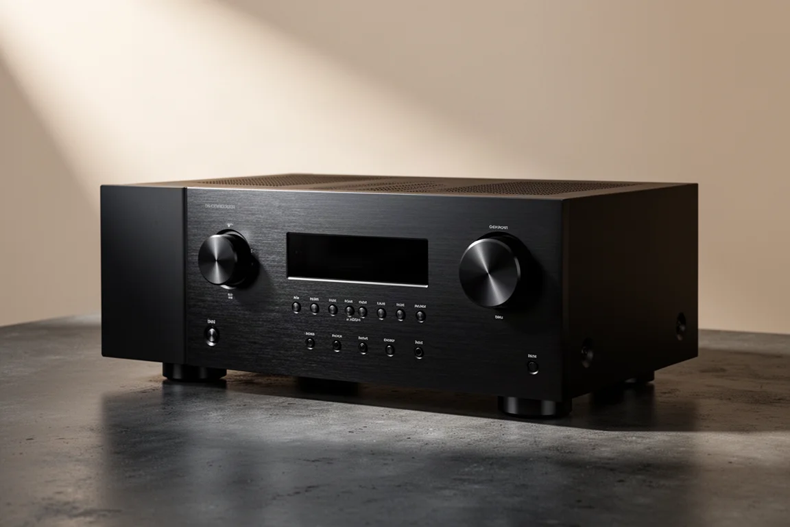 Black Yamaha RX-A6A AV receiver with brushed metal front panel on dark concrete