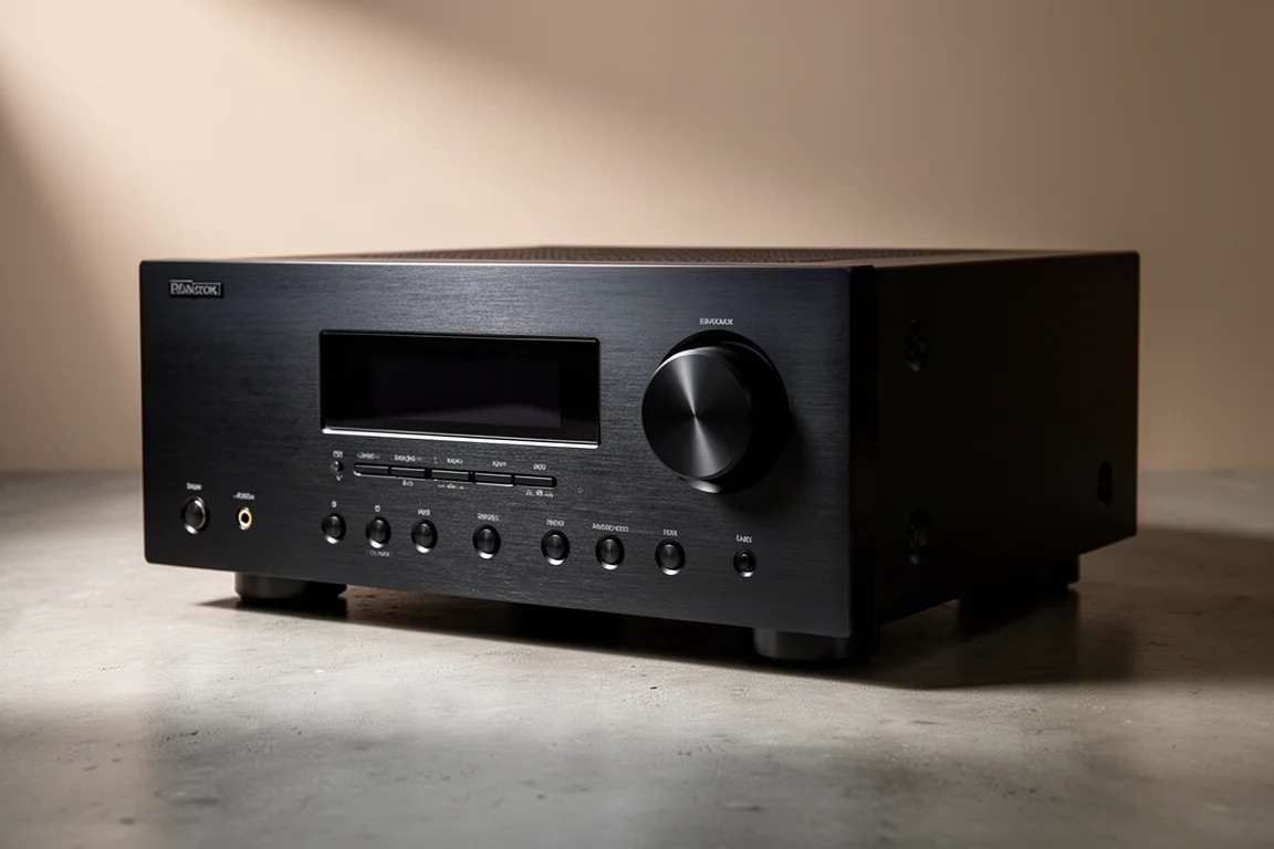 Black home theater AV receiver with brushed metal front panel on a concrete surface