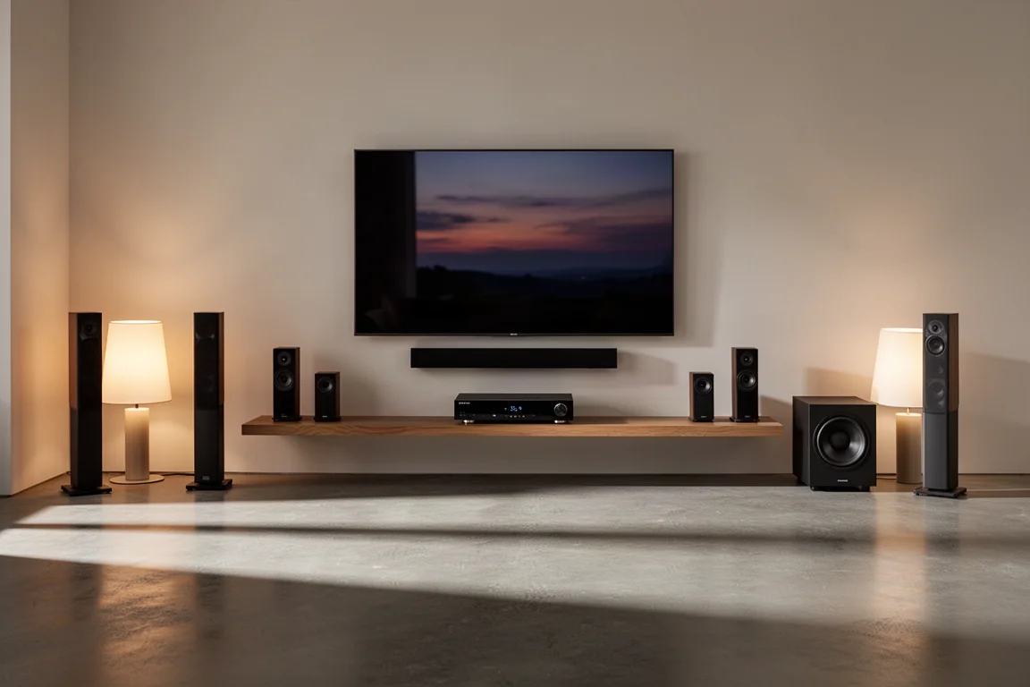 Living room media wall at dusk with a slim AV receiver, surround speakers and a subwoofer